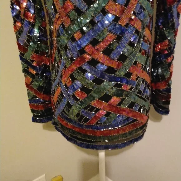 Lord & Taylor Vintage Sequin Top Blue, Red, Green, Silver, on Black silk, M - Picture 4 of 7